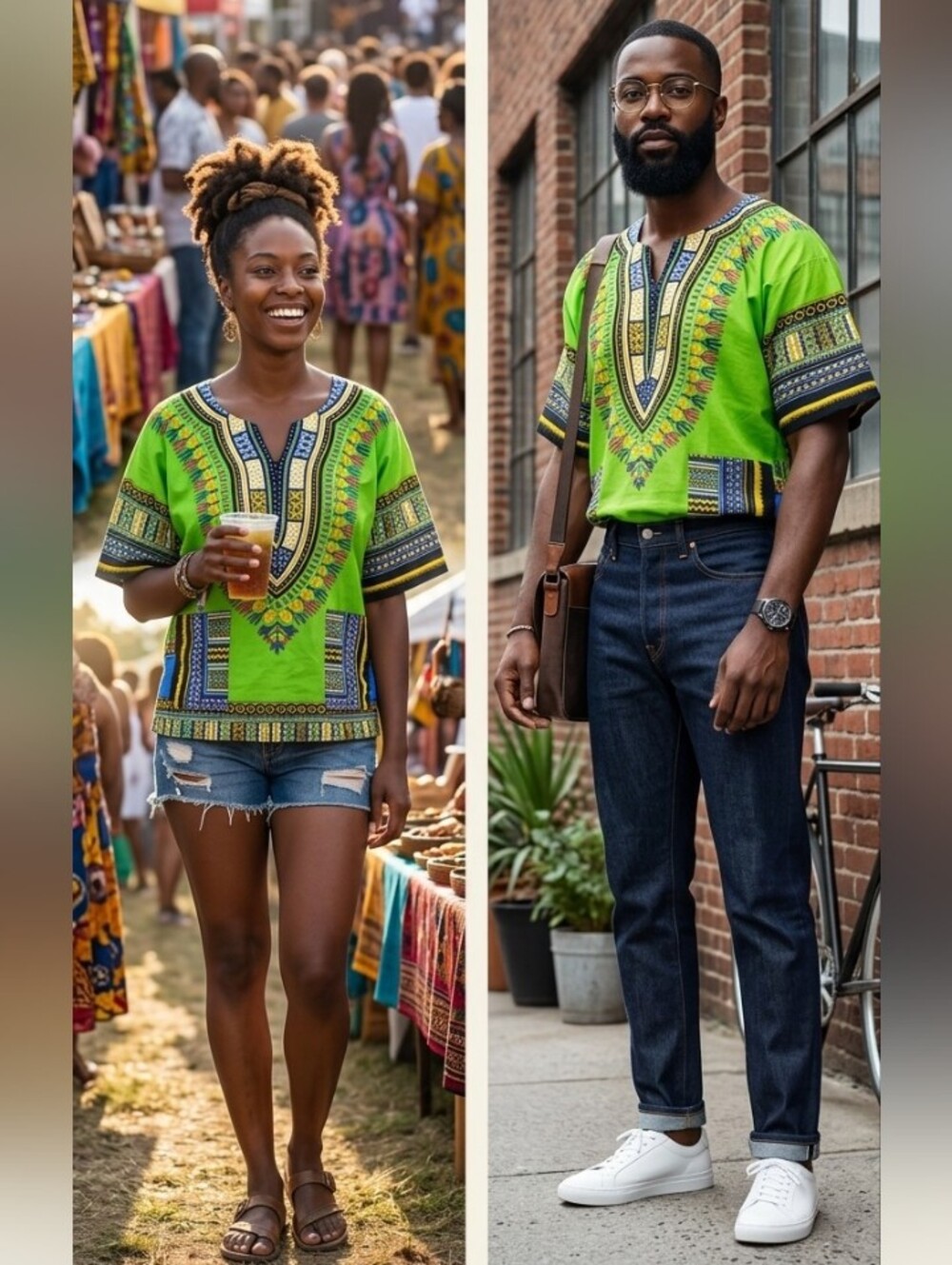 Vintage Neon Green Dashiki Shirt Men’s XL Boho Afrocentric Festival Tribal Print